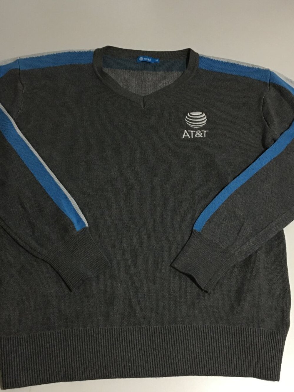 AT&T Women Medium Pullover Sweater Rayon V-Neck Gray Blue White Embroidered Logo